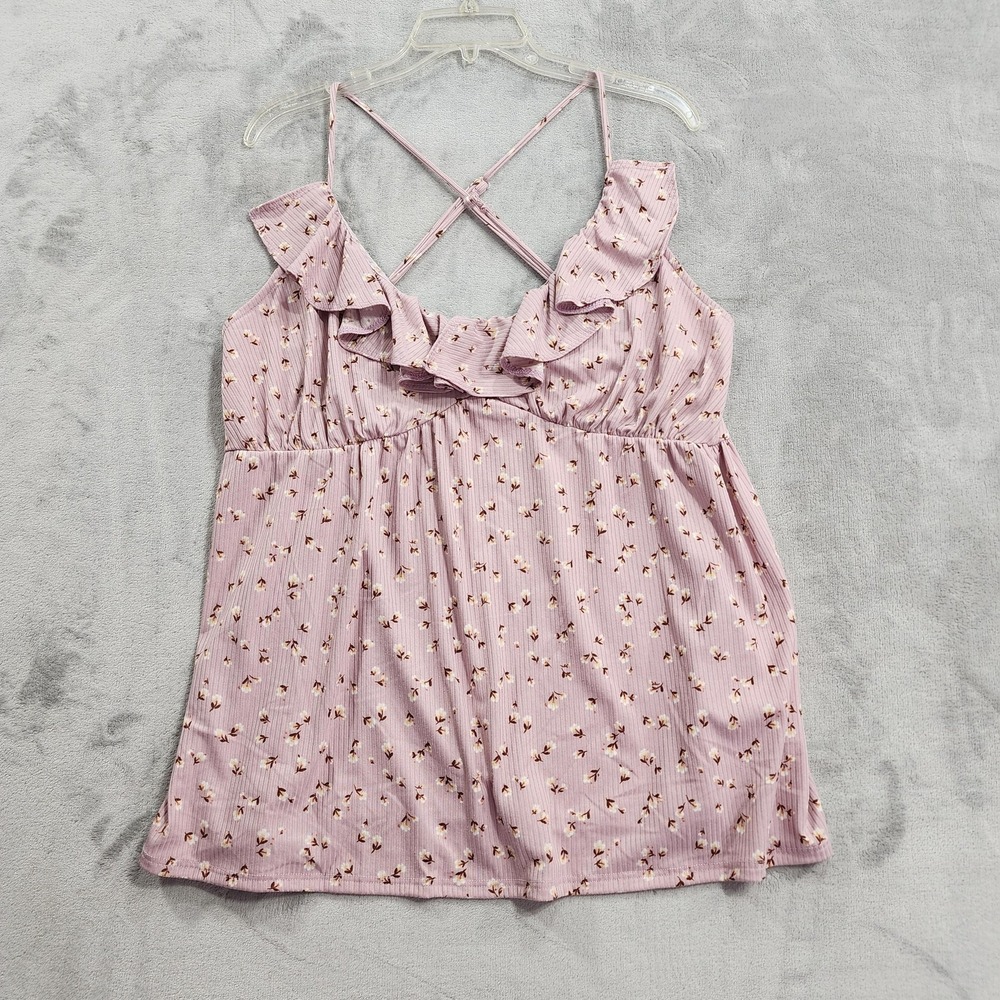 NEW Culture Code Tank Womens 2X Pink Floral Ruffle V-Neck Cami Criss Cross Back